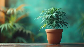 AI generated A small hemp plant in a pot on a wooden table photo