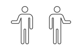 Man show path direction. Man turn left and follow right signs. Toilets arrows symbols. Informational way icons. Vector illustration