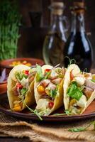 Mexican tacos with chicken meat, corn and salsa. Healthy tacos. Diet menu. Mexican taco. photo