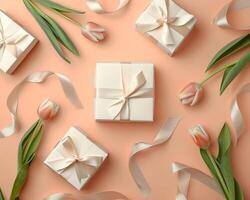 AI generated festive background with gift boxes tulips and ribbons photo