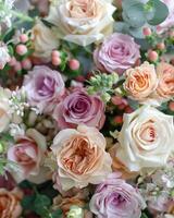 AI generated Beautiful background with colorful flowers and roses in pastel colors. Close-up. photo