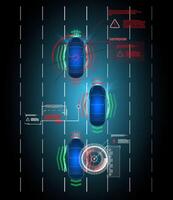 conducción suspensión trabajo controlar sistema sin conductor asistencia. seguro conduciendo. vector futurista coche usuario interfaz hud ui holograma de el coche