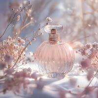 AI generated Dreamy Perfume Bottle with Soft Focus. Gentle Glow. Floral Touch. Ai generated. photo