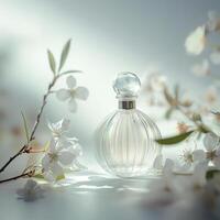 AI generated Dreamy Perfume Bottle with Soft Focus. Gentle Glow. Floral Touch. Ai generated. photo