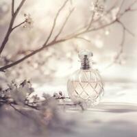 AI generated Dreamy Perfume Bottle with Soft Focus. Gentle Glow. Floral Touch. Ai generated. photo