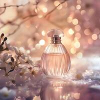 AI generated Dreamy Perfume Bottle with Soft Focus. Gentle Glow. Floral Touch. Ai generated. photo