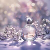 AI generated Dreamy Perfume Bottle with Soft Focus. Gentle Glow. Floral Touch. Ai generated. photo