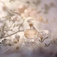 AI generated Dreamy Perfume Bottle with Soft Focus. Gentle Glow. Floral Touch. Ai generated. photo