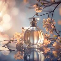 AI generated Dreamy Perfume Bottle with Soft Focus. Gentle Glow. Floral Touch. Ai generated. photo