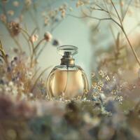 AI generated Dreamy Perfume Bottle with Soft Focus. Gentle Glow. Floral Touch. Ai generated. photo