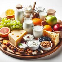 AI generated Healthy dairy products. Milk yogurt cheese fruits and nuts photo