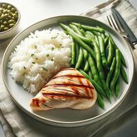 AI generated Plate with tasty chicken fillet, green beans and rice on table photo