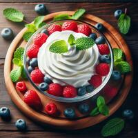 AI generated Greek yogurt with fresh raspberries and blueberries on wooden background photo