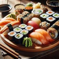 ai generado Sushi conjunto en un de madera antecedentes. Sushi rollos, nigiri y nigiri foto