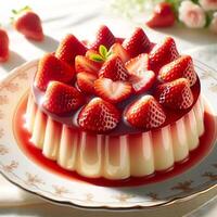 AI generated Strawberry Cheesecake with Fresh Strawberries on a Plate photo