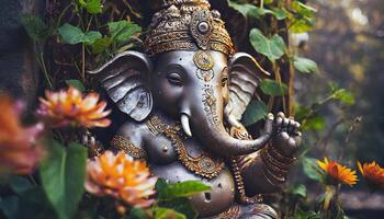 ai generado señor ganesha estatua anidado en el sereno regazo de naturaleza foto