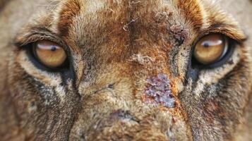 ai generado un de cerca de un masculino león cara y sus intenso ojos foto