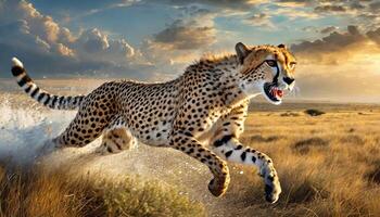 AI generated wild cheetah running in the jungle photo