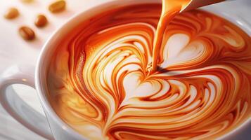 AI generated closeup of a realistic latte coffee pour, beautifully shaping a heart in a white cup photo