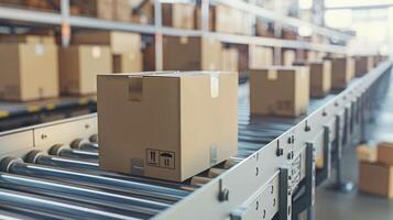 AI generated Multiple Cardboard Box Packages Moving Along Conveyor Belt in Warehouse Fulfillment Center photo