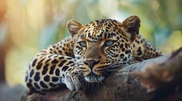 ai generado un exótico leopardo cara de cerca en un árbol foto