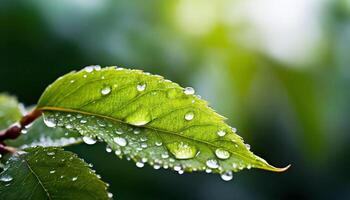 AI generated close-up of green leaf with water droplets photo