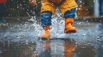 ai generado de cerca de un niño vistiendo un impermeable y jugando en el lluvia foto