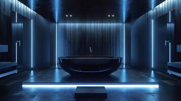 AI generated luxury black bathroom interior with ambient lighting and futuristic concept photo