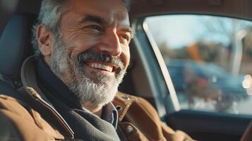 ai generado contento medio adulto hombre disfrutando su conducir en su nuevo coche foto