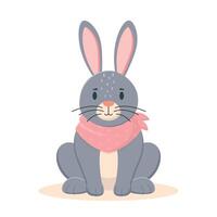 Gray rabbit with a handkerchief  isolated on white background. Easter element. Vector illustration. Flat cute style.