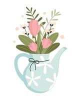 Spring flowers in a jug isolated on white background. Spring bouquet. Vector illustration. Flat cute style.