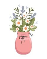 Spring flowers in a pink vase isolated on white background. Spring bouquet. Vector illustration. Flat cute style.