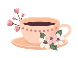 Coffee, tea, cocoa cup with blossom sakura flowers branch isolated on white background vector