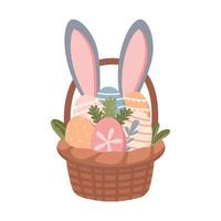 Easter eggs basket with bunny ears isolated on white background. Easter element. Vector illustration. Flat cute style.