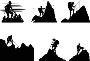 Set of Man climbing on the mountain vector. landscape silhouette, on isolated white background vector