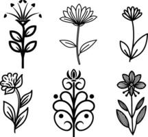 Set of vector flower plant black silhouette outline on white background