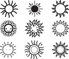 Black and white sun set of icon, vector on isolated white background