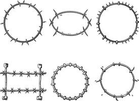 Set of barbed wire frames. Hand drawn vector, illustration in sketch style. Design element for military, security, prison, slavery concepts vector