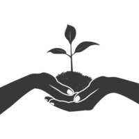 AI generated Silhouette Two Hand holding soil with growing sprout black color only png