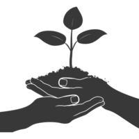 AI generated Silhouette Two Hand holding soil with growing sprout black color only png