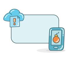 blank note board with mobile phone and malware bomb and cloud error icon vector