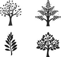 Set of tree branches silhouette with leaves, on isolated white background vector