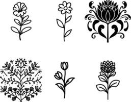 Set of vector flower plant black silhouette outline on white background