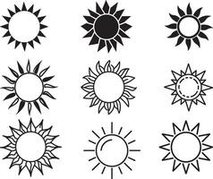 Black and white sun set of icon, vector on isolated white background