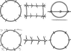 Set of barbed wire frames. Hand drawn vector, illustration in sketch style. Design element for military, security, prison, slavery concepts vector