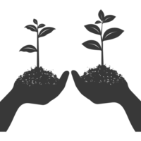 AI generated Silhouette Two Hand holding soil with growing sprout black color only png