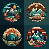 Camping and travel round emblems set. Camping and adventure icons. Vector illustration.