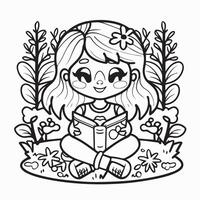 Coloring book for children girl reading a book in the garden vector