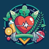 Healthy lifestyle concept. Vector illustration of heart, dumbbells, apple, juice, fruit and leaf.