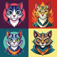 Set of cats heads. Vector cartoon illustration isolated on colorful background.